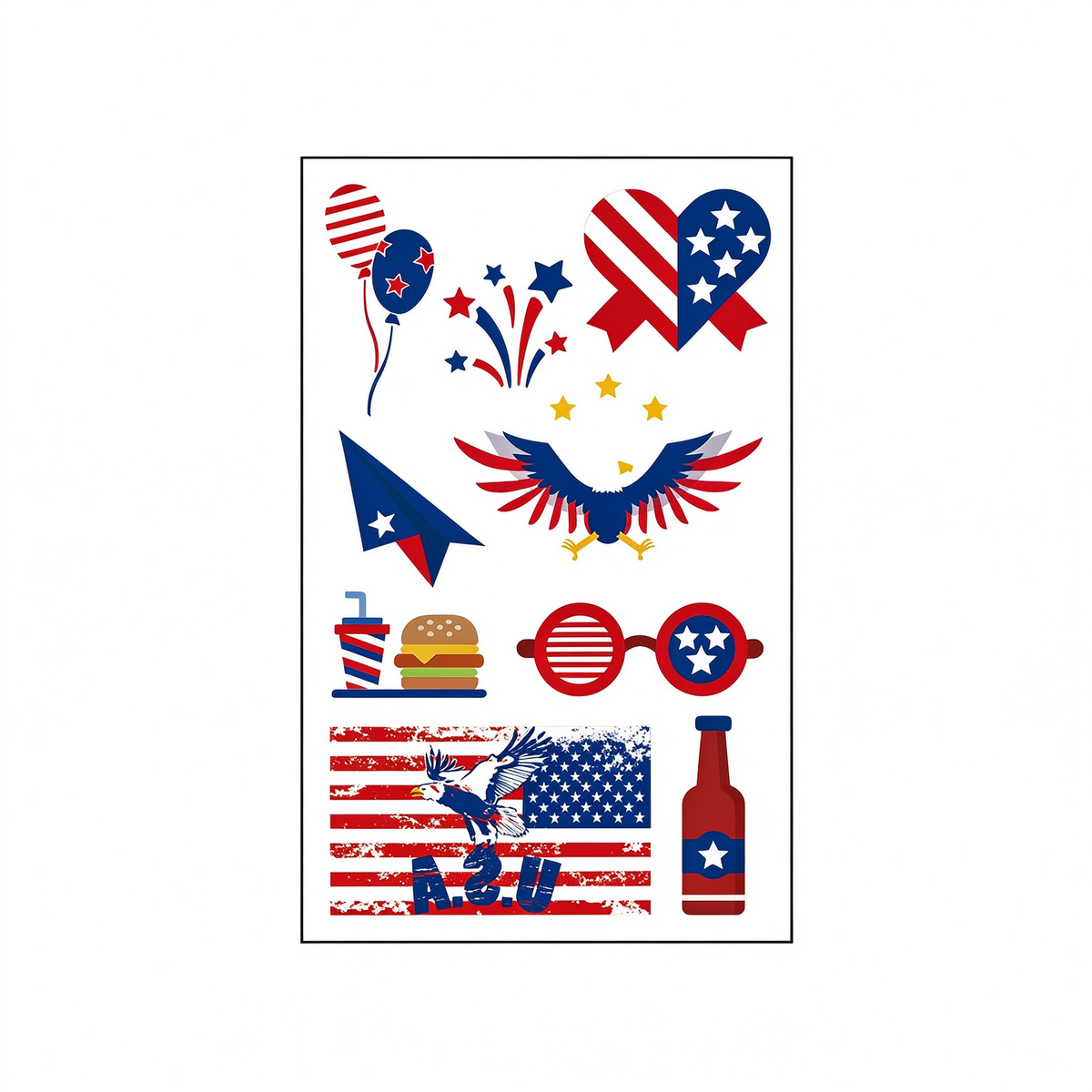 4th July Burger Eagle Tattoo Stickers