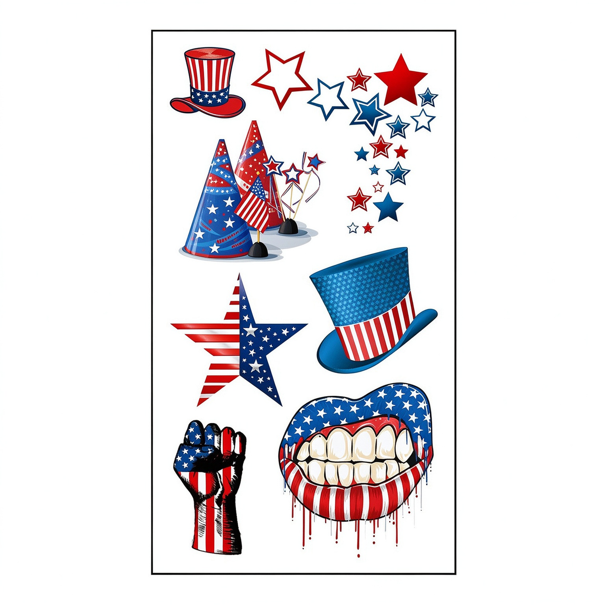 Mixed Party Hat Star Fist Lips Tattoo Stickers for Independence Day
