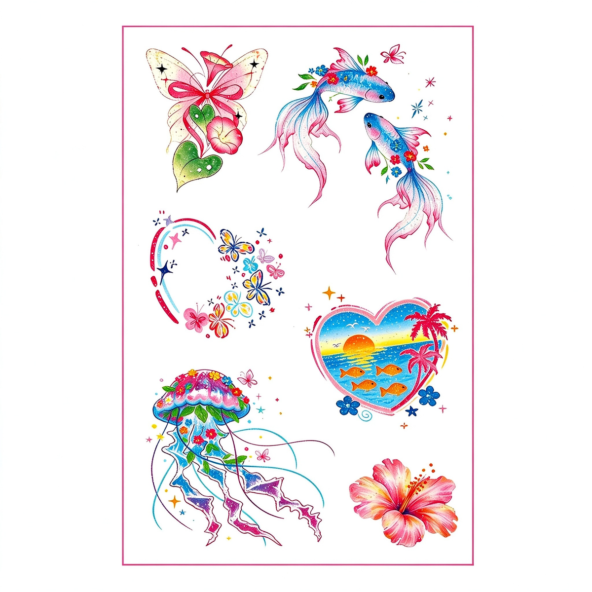 Colorful Tropical Butterfly Koi Jellyfish Tattoo Stickers