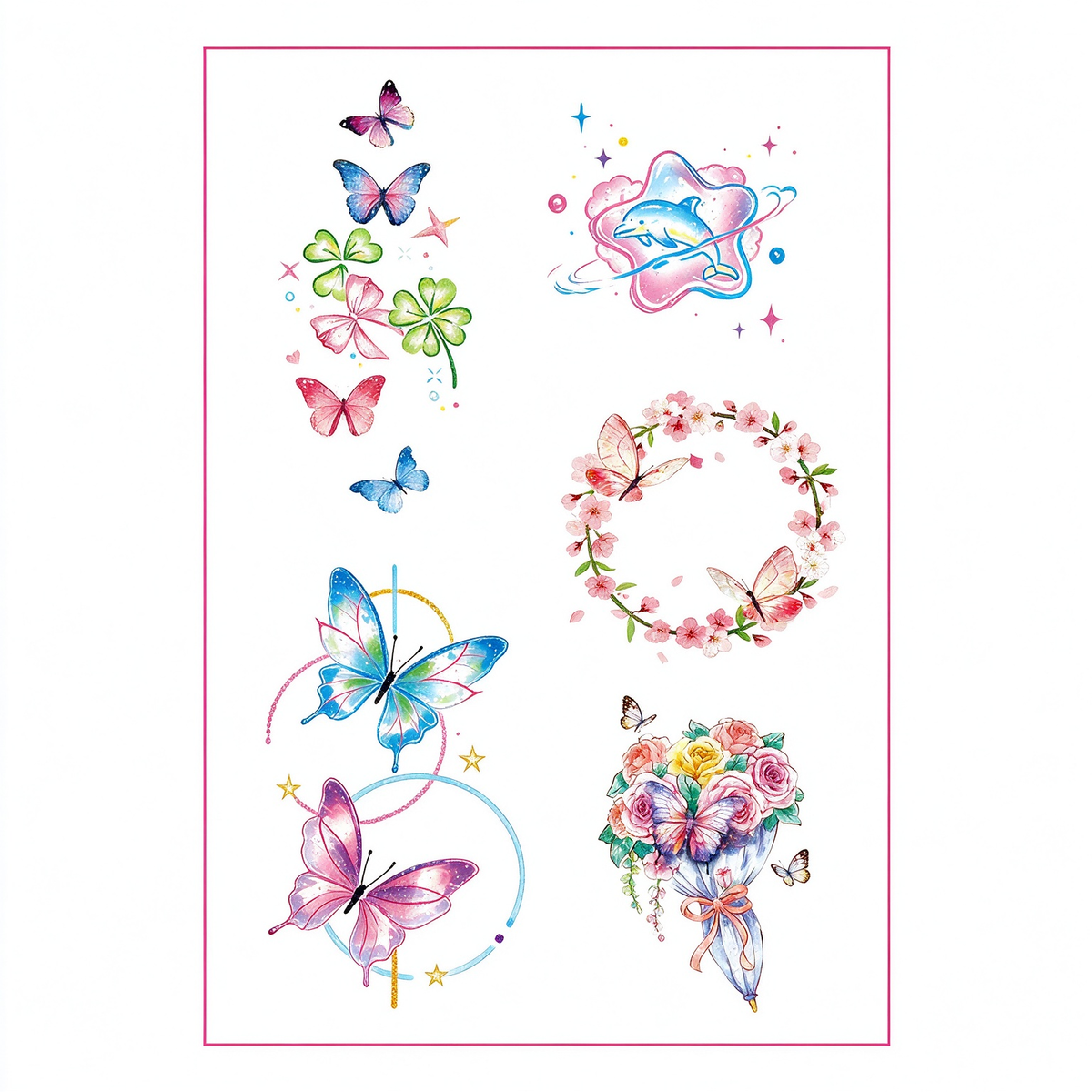 Watercolor Butterfly Dolphin Floral Wreath Tattoo Stickers
