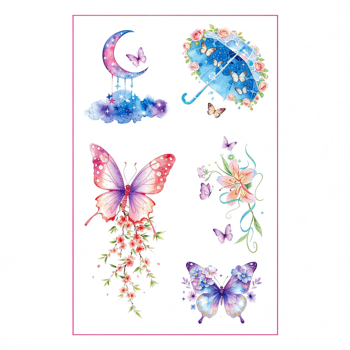 Watercolor Moon Cloud Floral Umbrella Butterfly Tattoo Stickers