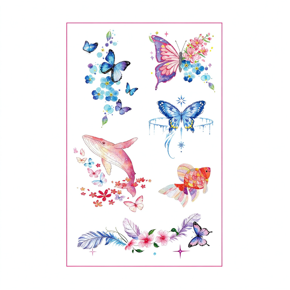 Watercolor Whale Butterfly Floral Feather Tattoo Stickers