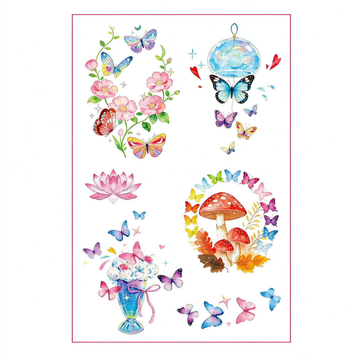 Watercolor Mushroom Lotus Floral Butterfly Tattoo Stickers