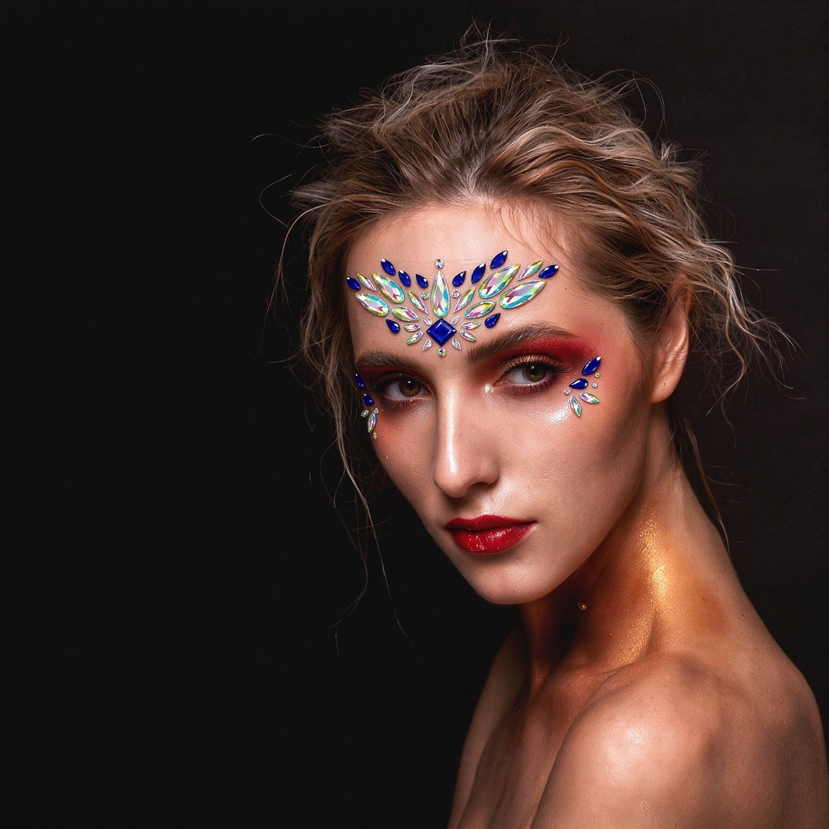 Blue Iridescent Rhinestone Face Gem Sticker, Festival Face Jewels