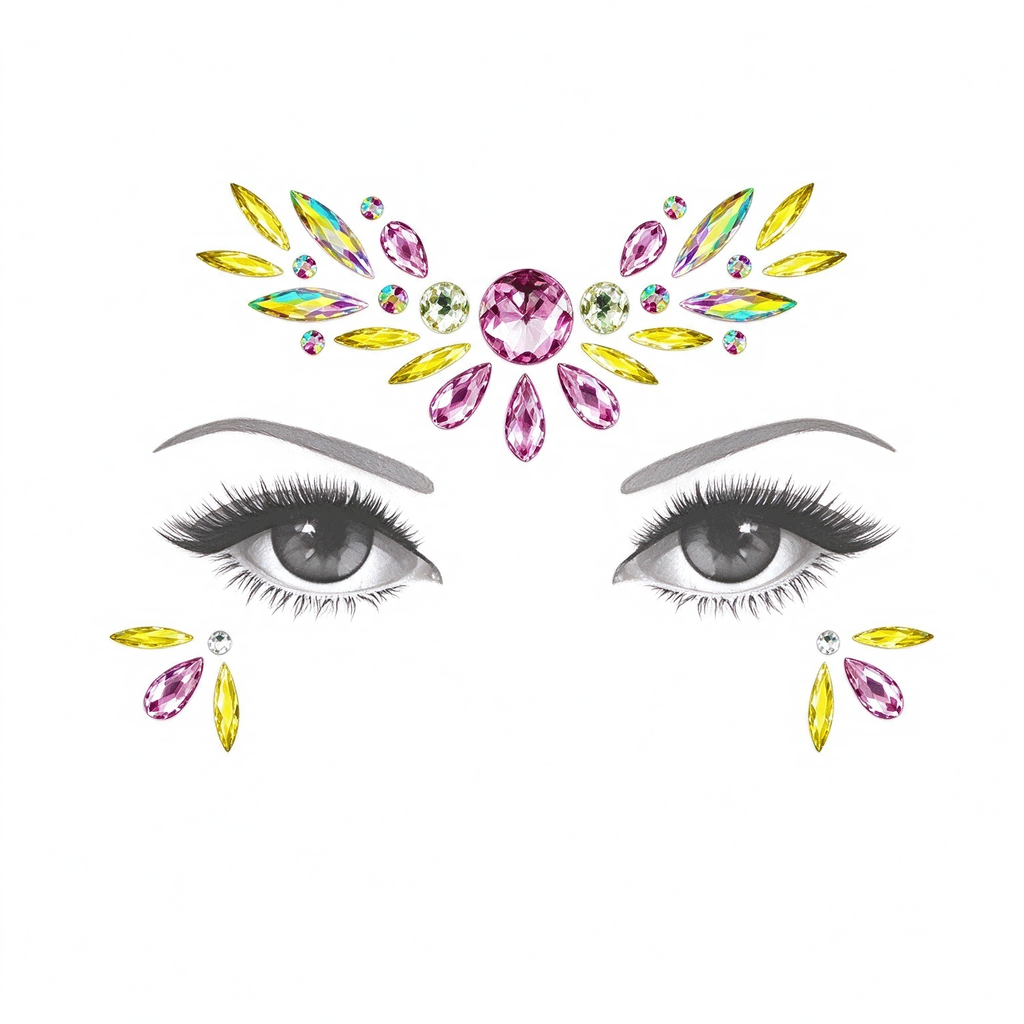 Pink & Yellow Rhinestone Face Gem Sticker, Festival Face Jewels