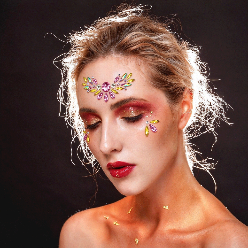 Pink & Yellow Rhinestone Face Gem Sticker, Festival Face Jewels