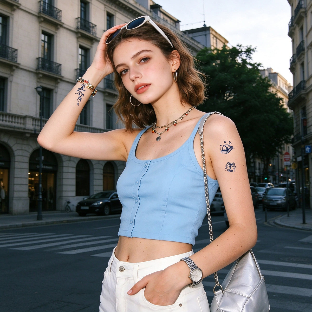 Sleeping Cat Bow Leaf Branch Temporary Tattoos