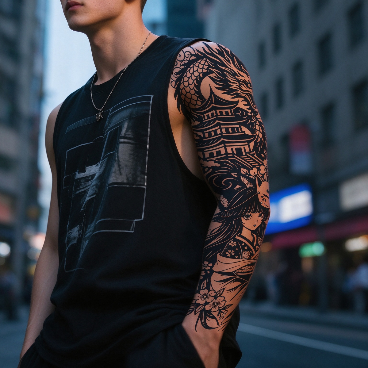 Geisha Dragon Sleeve Tattoo