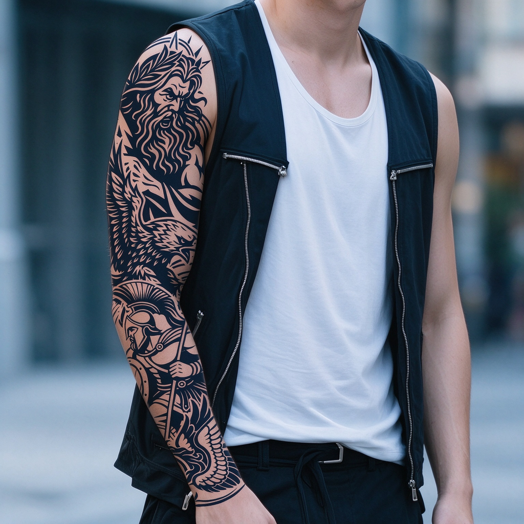 Zeus Spartan Warrior Eagle Pegasus Sleeve Tattoo